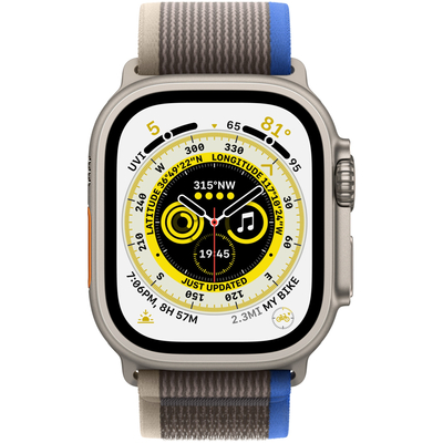 Apple Watch Ultra Cellular, 49mm, Titántok, Kék/Szürke terep pánt M/L